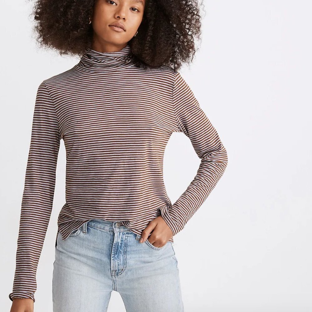 Madewell Whisper Cotton Turtleneck Cream + Black Carlsbad Stripe EUC XXS